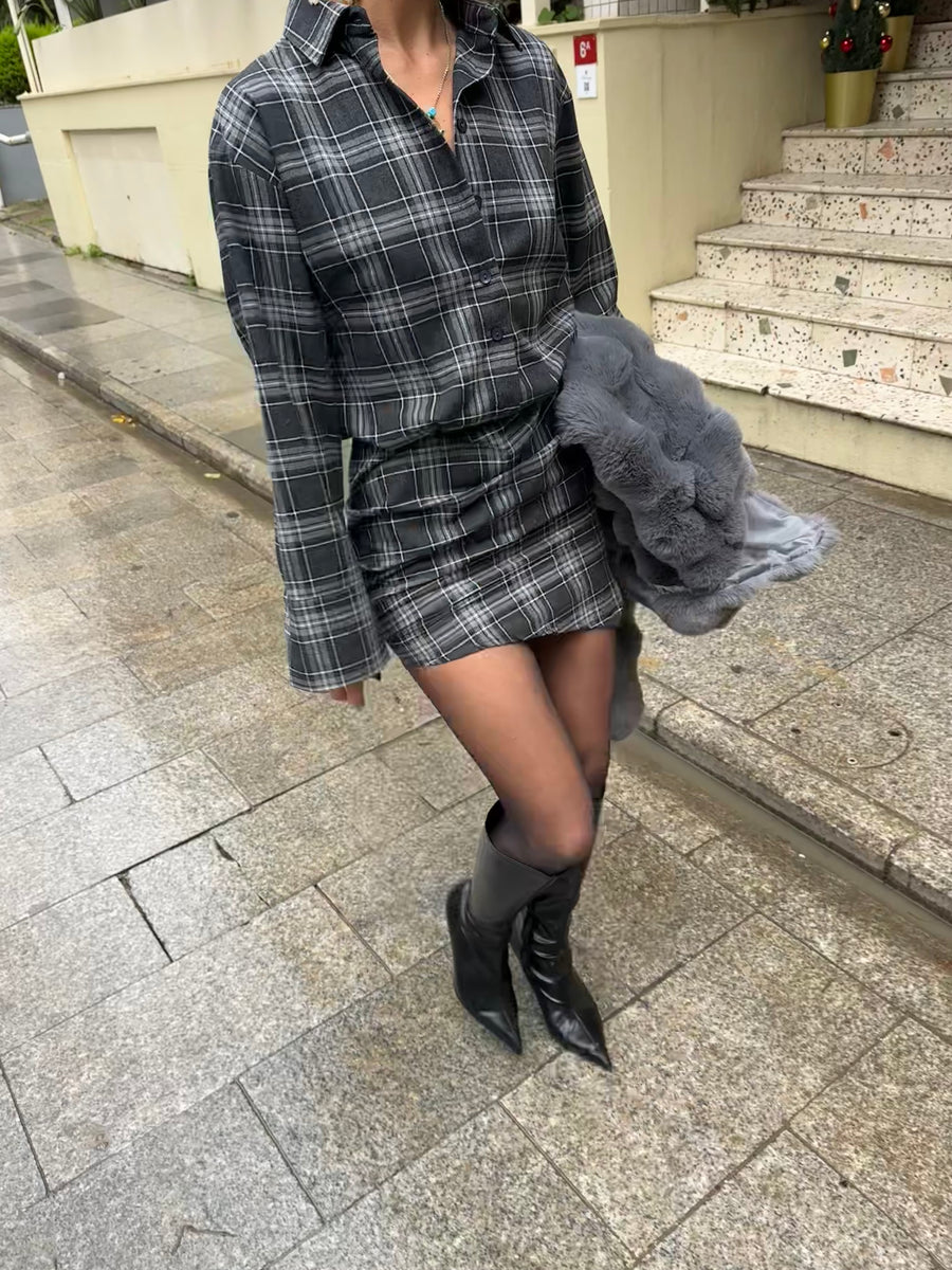 Kareli Mini Gömlek Elbise