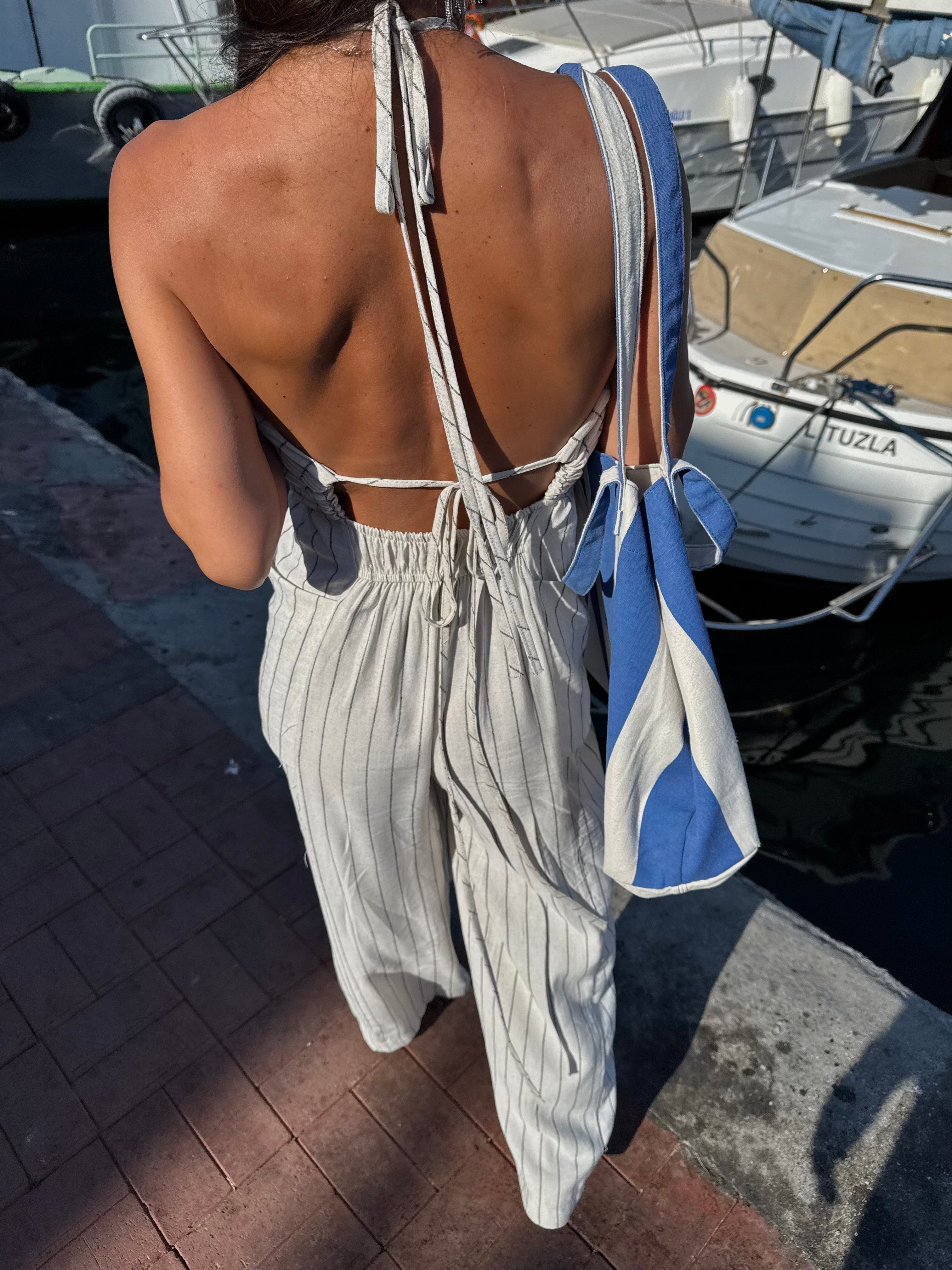 Çizgili Keten Tulum