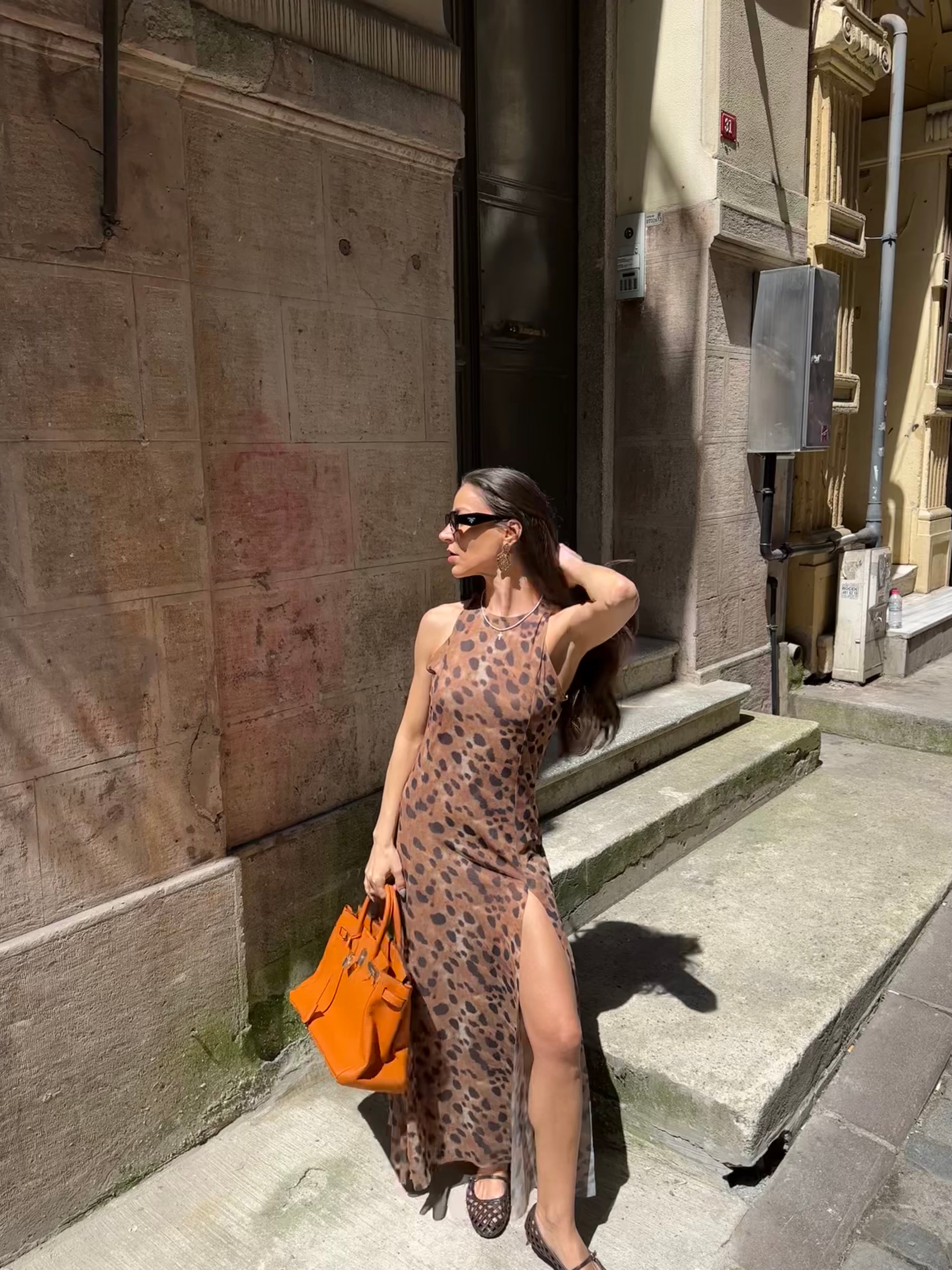 Derin Yırtmaçlı Leopar Tül Elbise
