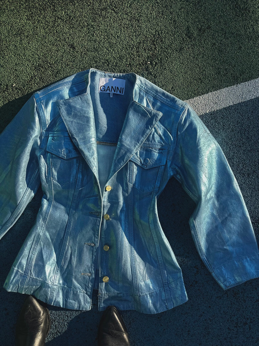 GANNI Metalik Denim Blazer/Barrel Pantolon Takım