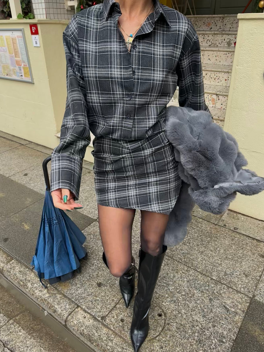 Kareli Mini Gömlek Elbise