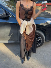 Dantelli Maxi Saten Kahve Elbise