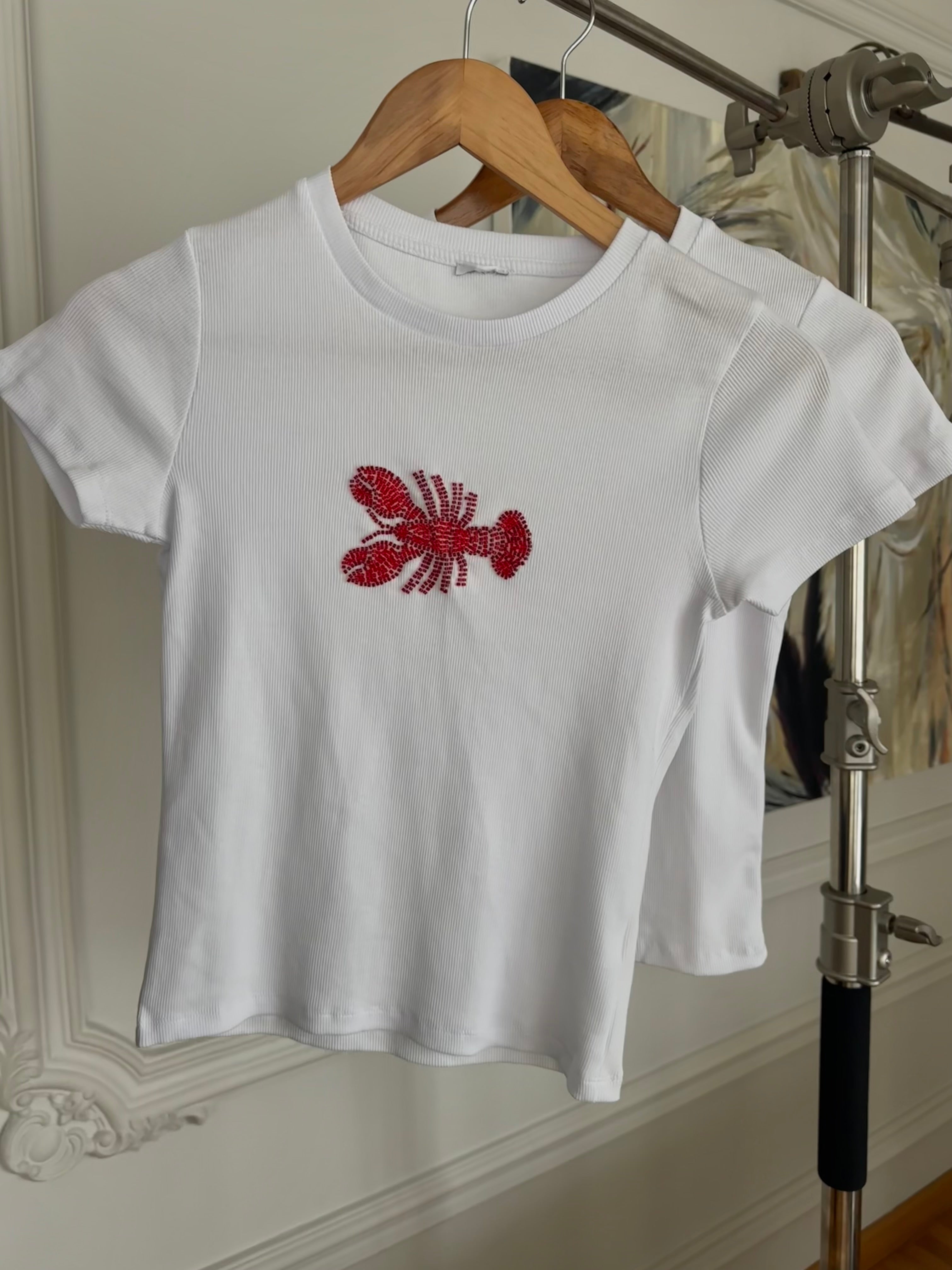 Istakoz Desenli Taş İşleme Fitilli Tişört