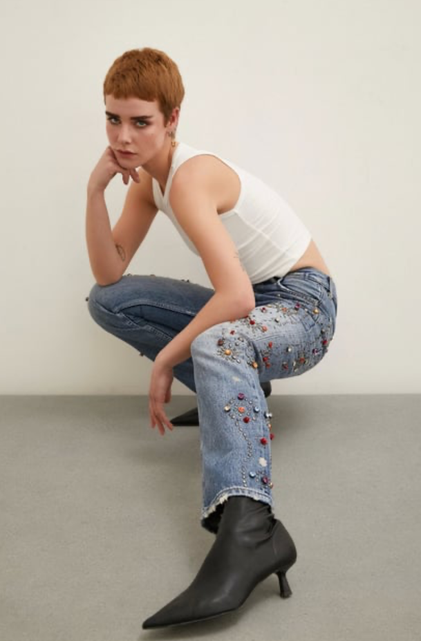 Taş İşlemeli Yüksek Bel Boru Paça Jean