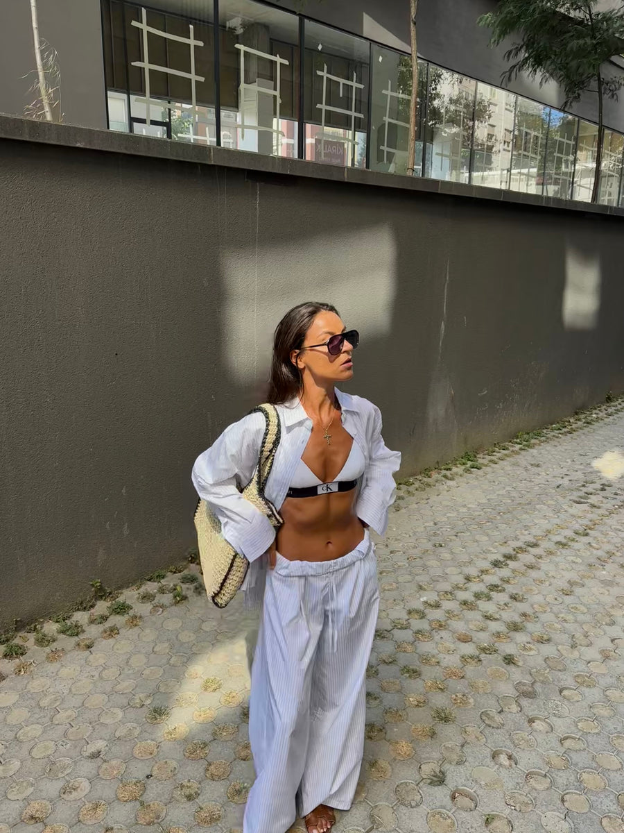 Çizgili Poplin Gömlek/Pantolon Takım