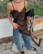 Acı Kahve Saten Dantelli Bluz