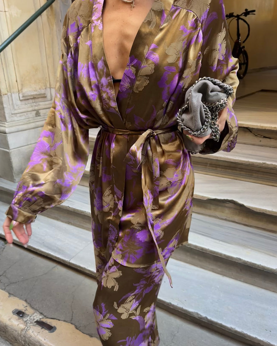 İpek Saten Kimono/Pantolon Takım