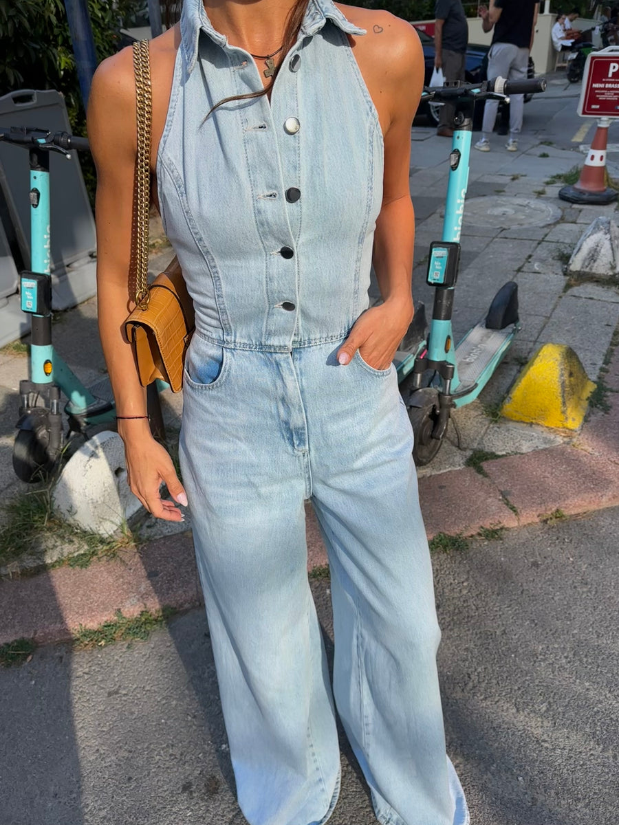 Sırt Detay Denim Tulum