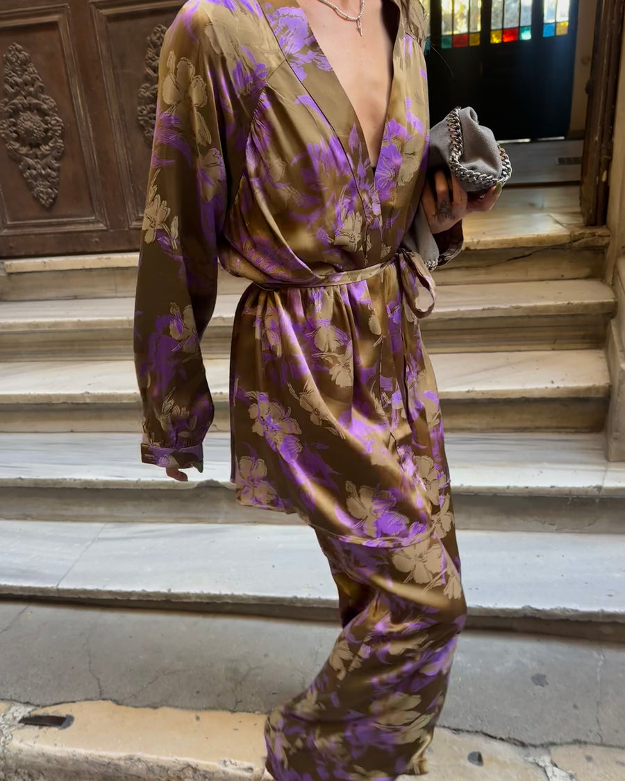 İpek Saten Kimono/Pantolon Takım