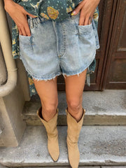Yüksek Bel Lastikli Denim İthal Şort