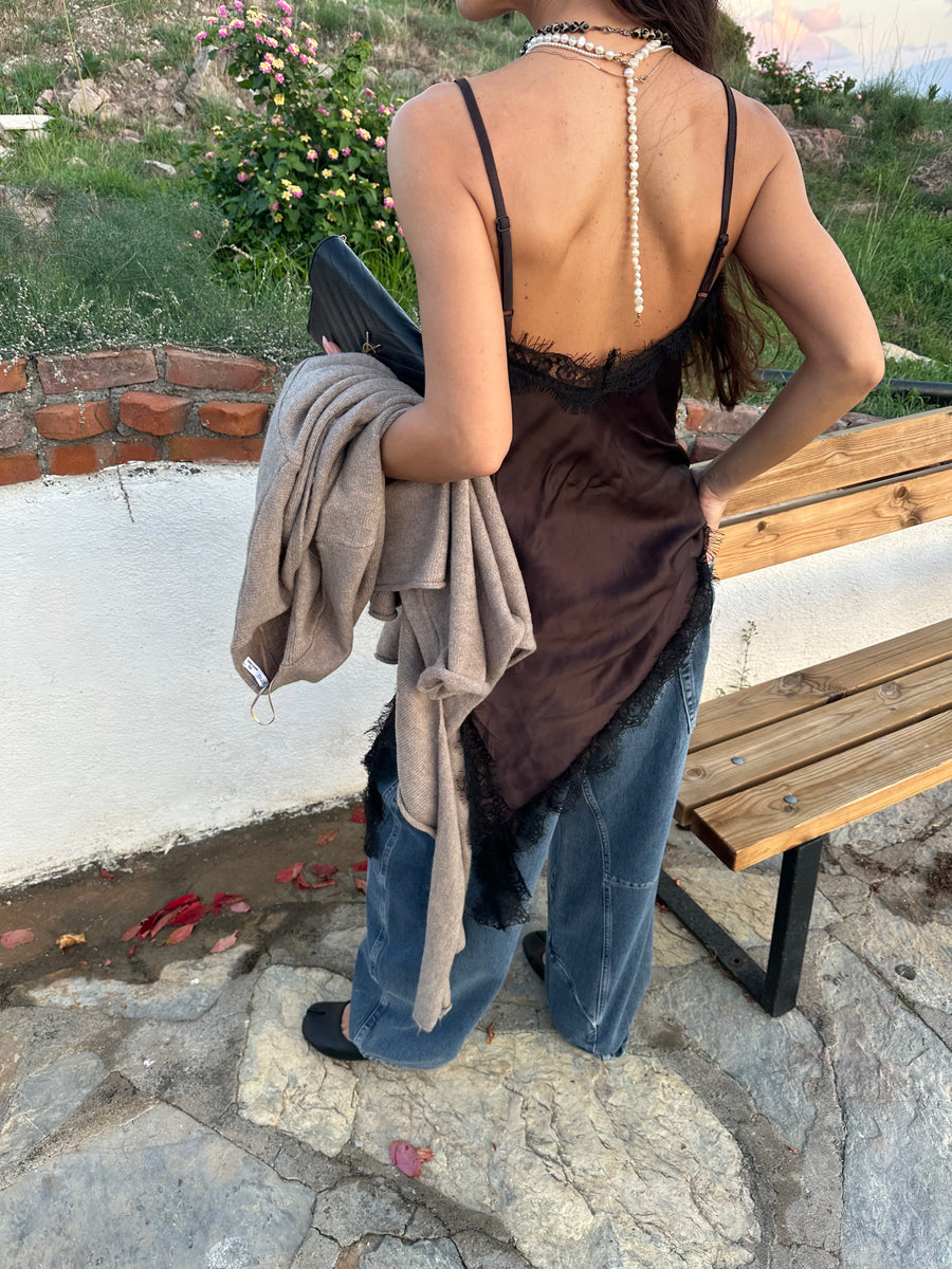 Acı Kahve Saten Dantelli Bluz