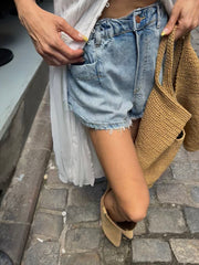 Yüksek Bel Lastikli Denim İthal Şort