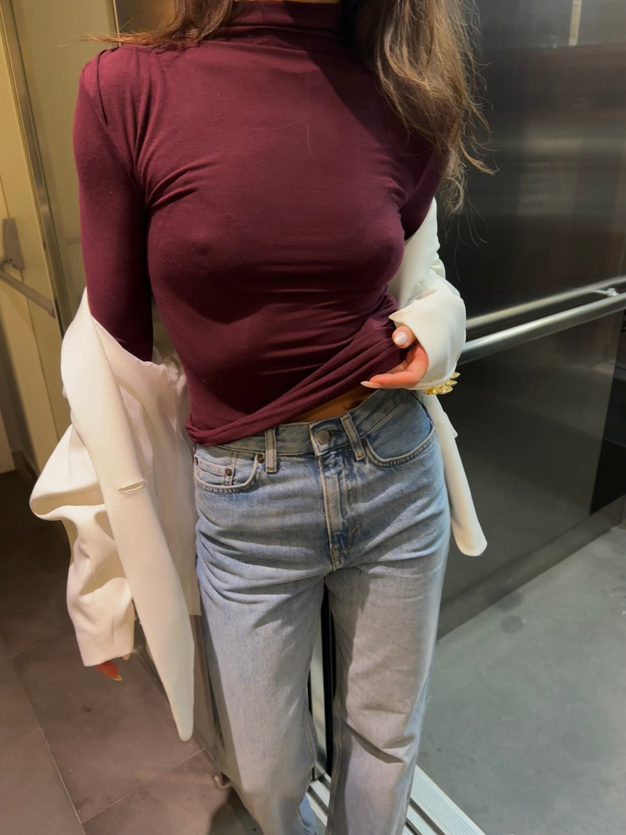 Dik Yaka Yarı Transparan Bordo Bluz