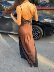 Dantelli Maxi Saten Kahve Elbise