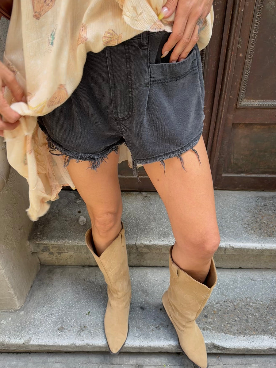 Yüksek Bel Lastikli Denim İthal Şort