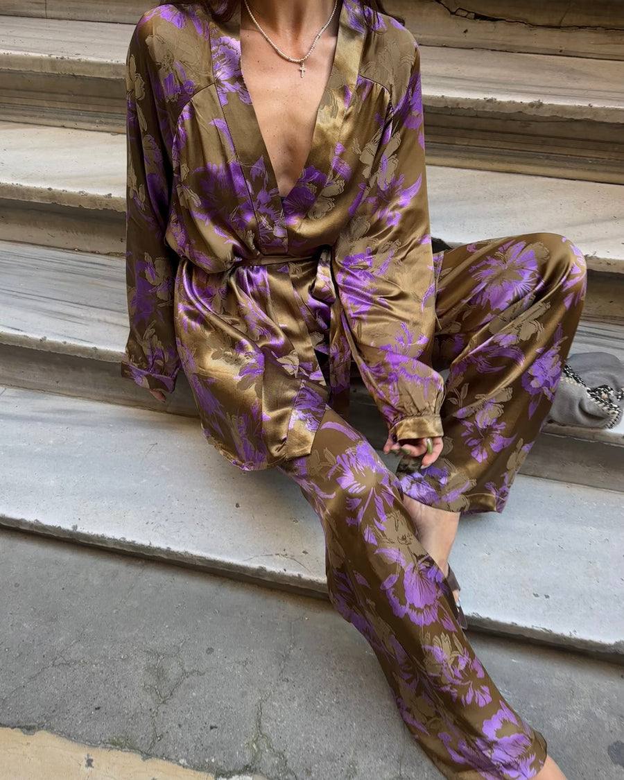 İpek Saten Kimono/Pantolon Takım