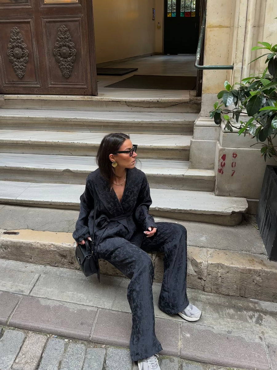 Şal Yaka Saten Kimono/Pantolon Takım