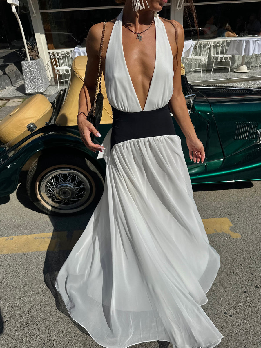V Yaka Bel Detaylı Maxi Elbise