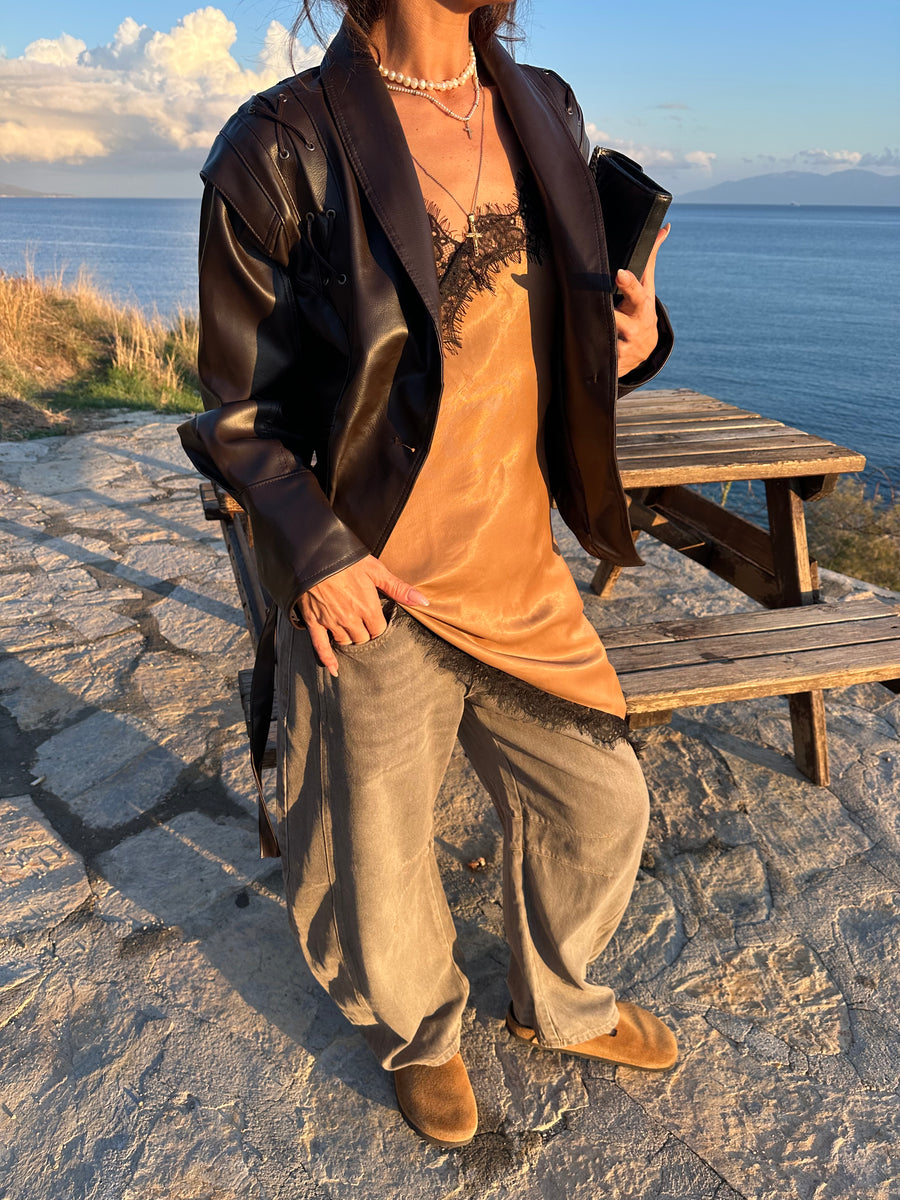 Camel Saten Dantelli Bluz