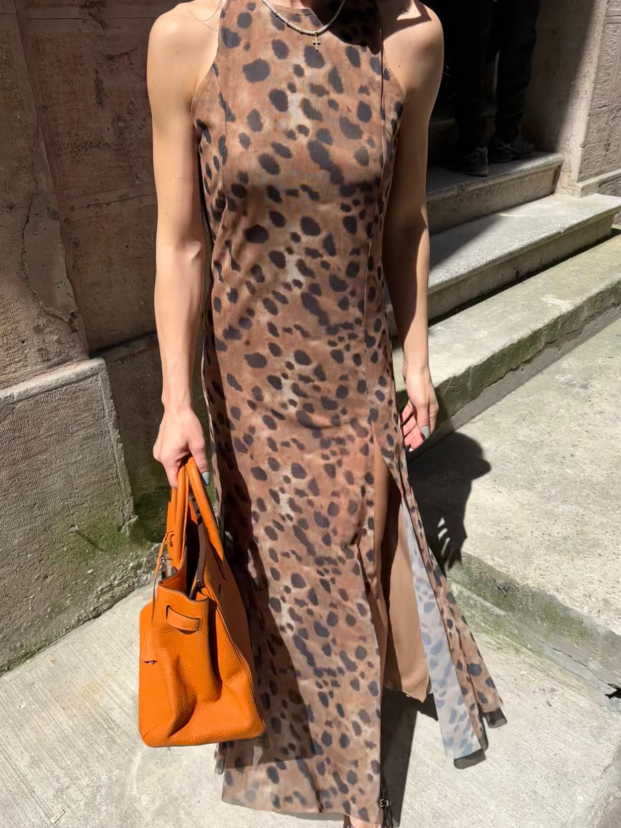 Derin Yırtmaçlı Leopar Tül Elbise