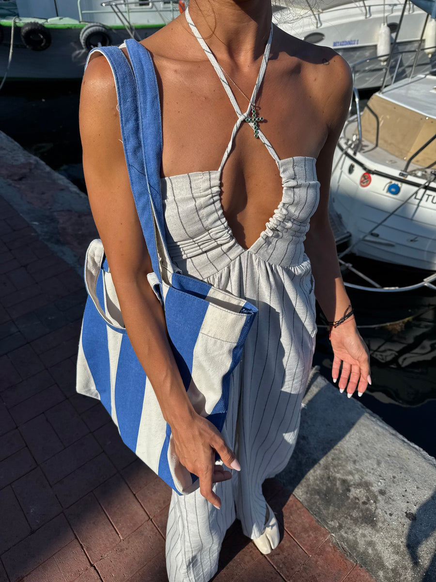 Çizgili Keten Tulum