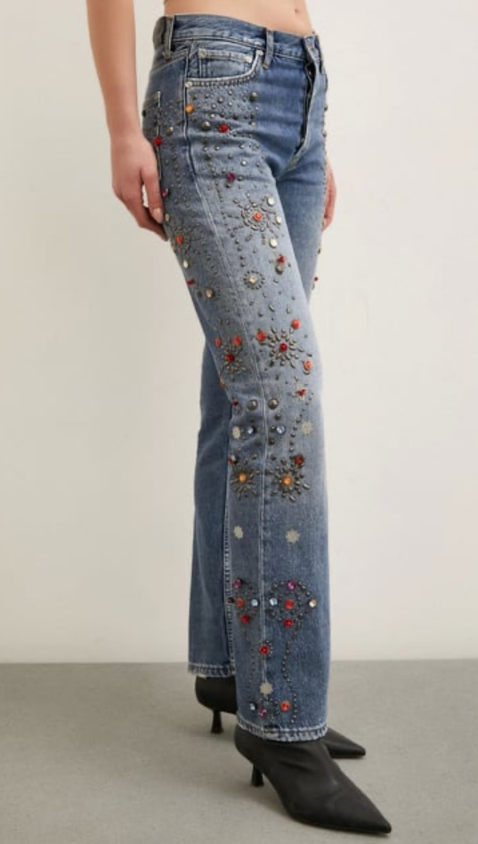 Taş İşlemeli Yüksek Bel Boru Paça Jean