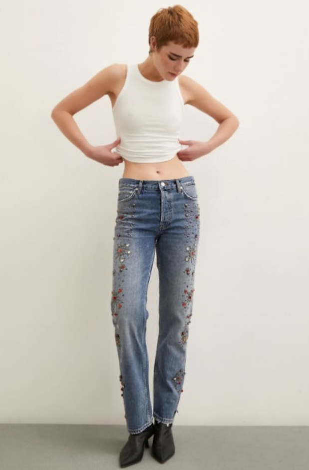 Taş İşlemeli Yüksek Bel Boru Paça Jean