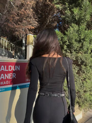 Vatka Detay Taşlı  Bodysuit/Taşlı Krep Pantolon Takım