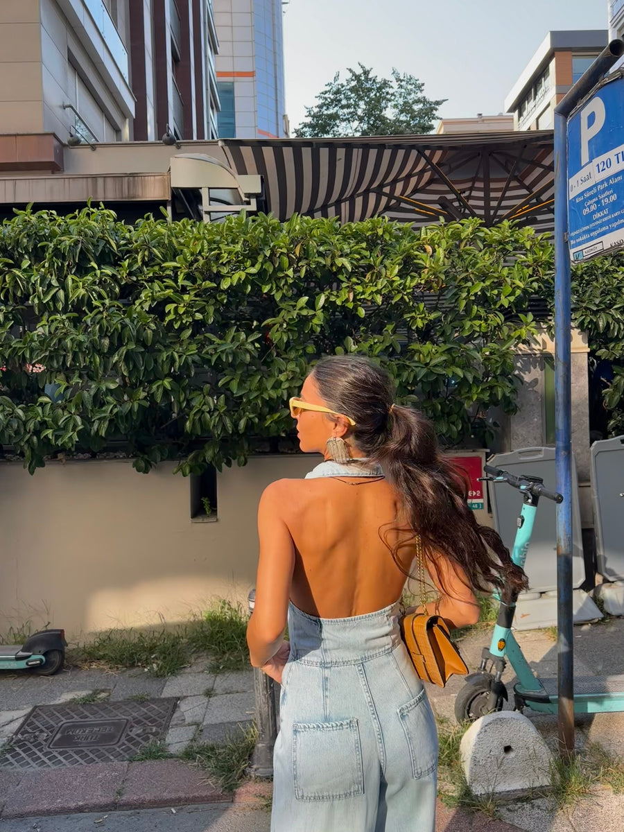 Sırt Detay Denim Tulum